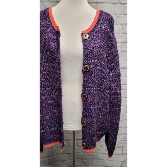 NWT FREE PEOPLE XL WALK ON BY PURPLE ORANGE SNAP YARN BOXY CARDIGAN SWEATER TOP - Picture 11 of 12